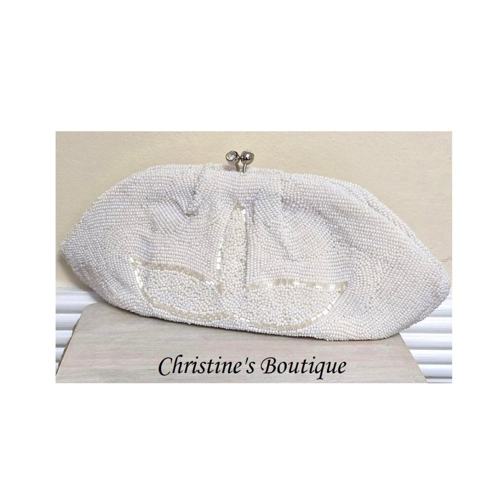Beaded handbag, vintage beaded clutch style bag, designer Debbie, white beaded p